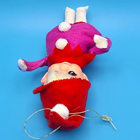 Vintage 1950s Pixie Elf Ornament Pink and Red Hat Pom-Poms Japan Felt Christmas - Picture 9 of 9